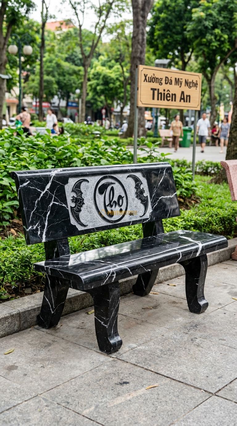 Ghế Tựa Chữ Thọ Tròn, Chất Liệu đá Đen Tia Chớp, Kiểu Dáng khắc Chữ “Thọ” Tròn Ở Chính Giữa Lưng, Hai Bên Là Hoa Văn Dơi (Phúc) 120Cm x 50Cm x 90Cm. 120Cm x 50Cm x 90Cm