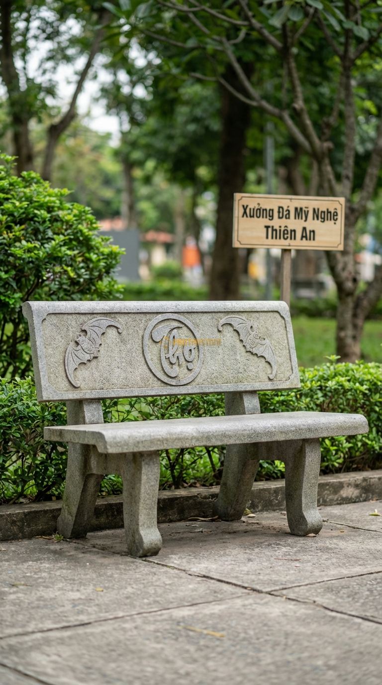 Ghế Tựa Chữ Thọ Tròn, Chất Liệu đá Granite, Kiểu Dáng khắc Chữ “Thọ” Tròn Ở Chính Giữa Lưng, Hai Bên Là Hoa Văn Dơi (Phúc) 120Cm x 50Cm x 90Cm. 120Cm x 50Cm x 90Cm