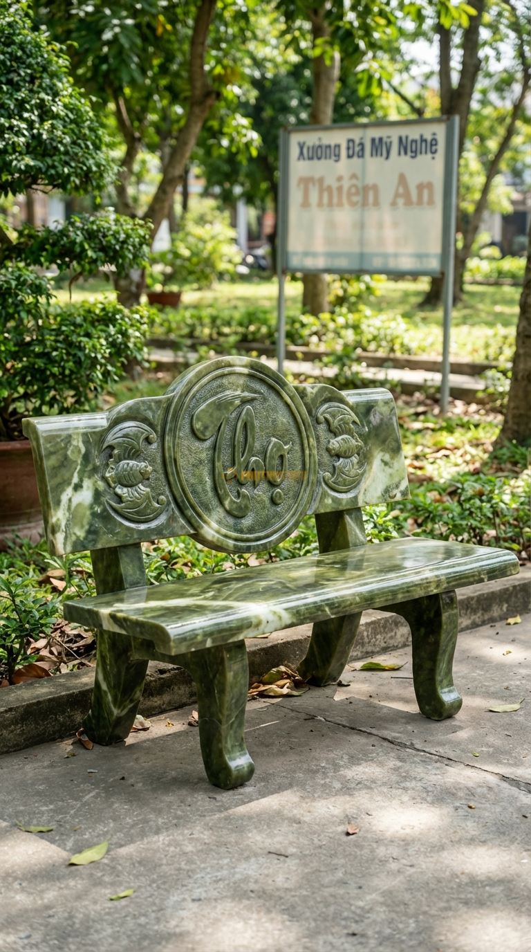 Ghế Tựa Chữ Thọ Tròn, Chất Liệu đá Serpentine, Kiểu Dáng khắc Chữ “Thọ” Tròn Ở Chính Giữa Lưng, Hai Bên Là Hoa Văn Dơi (Phúc) 120Cm x 50Cm x 90Cm. 120Cm x 50Cm x 90Cm