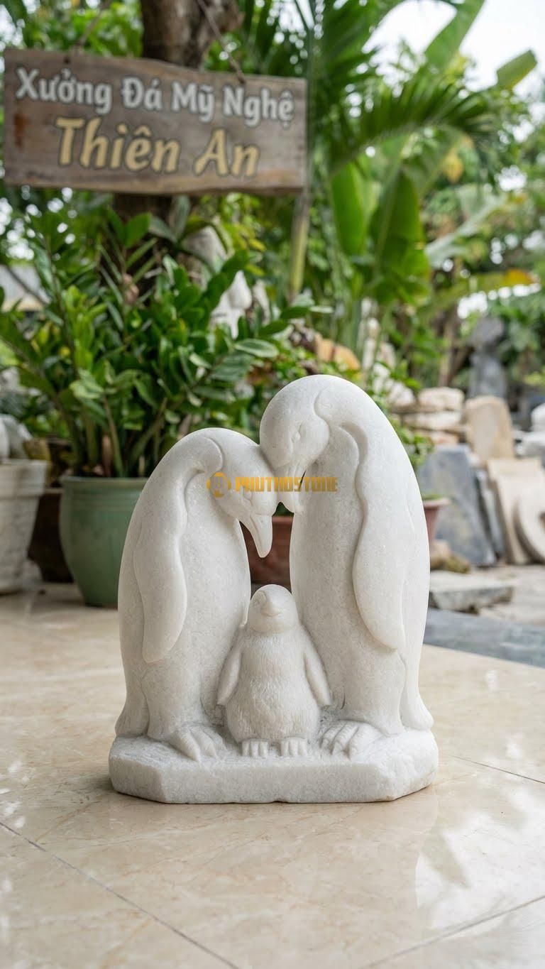 Gia Đình Cánh Cụt Bằng Đá Trắng Muối, Kiểu Dáng Bố Mẹ Chụm Đầu Che Chở Con. Kích Thước Cao 30cm.