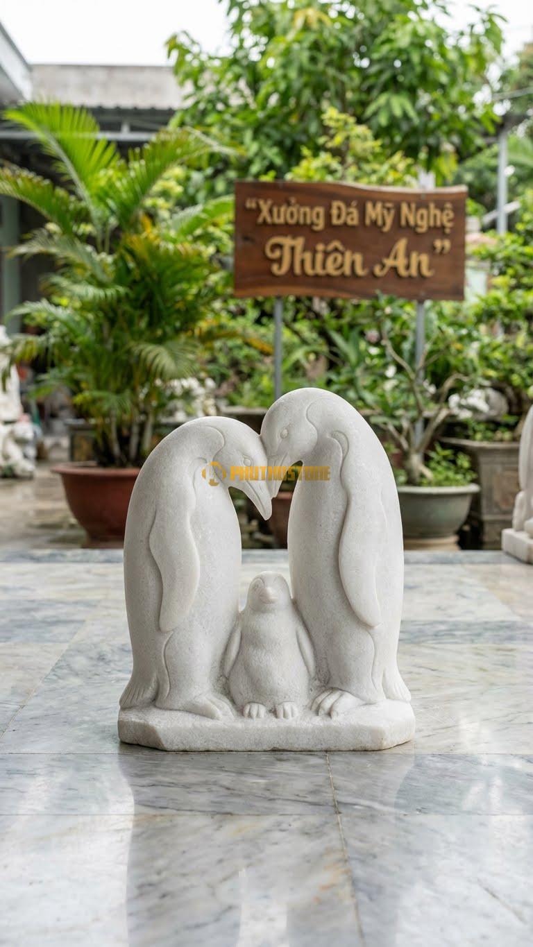 Gia Đình Cánh Cụt Bằng Đá Trắng Muối, Kiểu Dáng Bố Mẹ Chụm Đầu Che Chở Con. Kích Thước Cao 30cm.