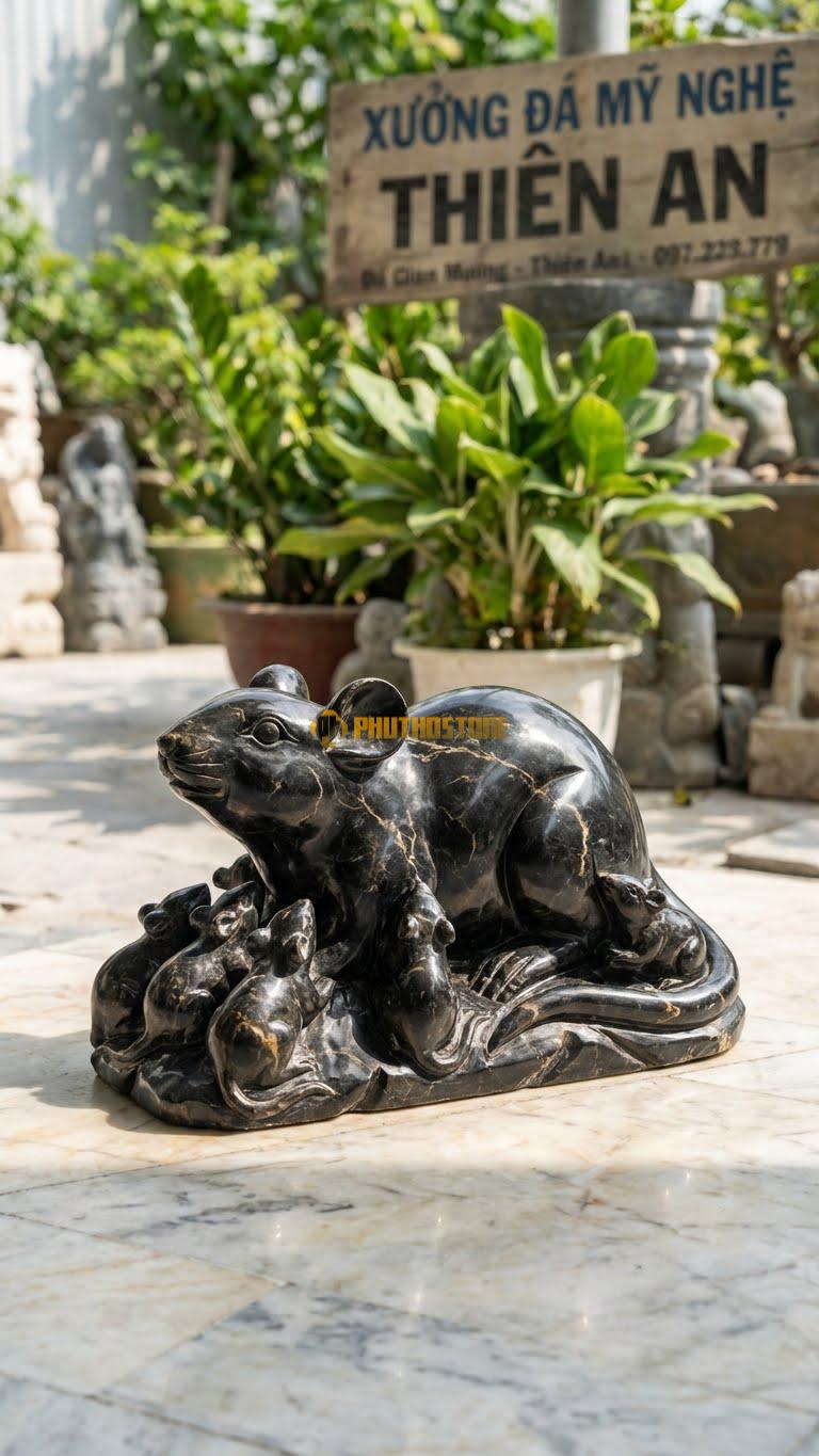 Gia Đình Chuột Bằng Đá Đen Chỉ Nâu, Kiểu Dáng Chuột Mẹ Và Đàn Con Lúc Nhúc. Kích Thước Dài 30cm.