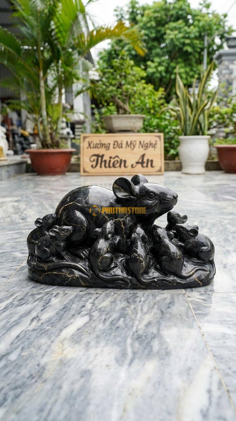 Gia Đình Chuột Bằng Đá Đen Chỉ Nâu, Kiểu Dáng Chuột Mẹ Và Đàn Con Lúc Nhúc. Kích Thước Dài 30cm.