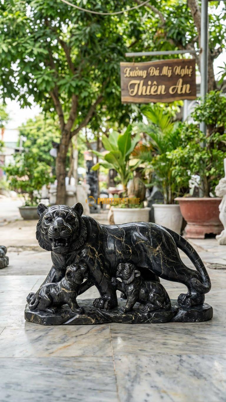 Gia Đình Hổ Bằng Đá Đen Chỉ Nâu, Kiểu Dáng Hổ Bố, Mẹ Và Con Vui Đùa. Kích Thước Dài 60cm.