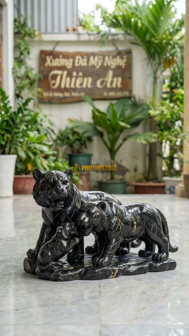 Gia Đình Hổ Bằng Đá Đen Chỉ Nâu, Kiểu Dáng Hổ Bố, Mẹ Và Con Vui Đùa. Kích Thước Dài 60cm.