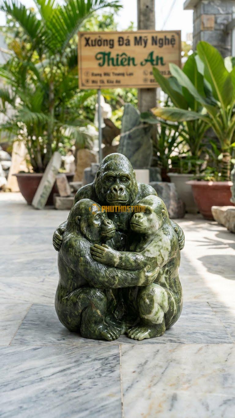 Gia Đình Khỉ Đột Bằng Đá Serpentine, Kiểu Dáng Kích Thước Cao 35cm.