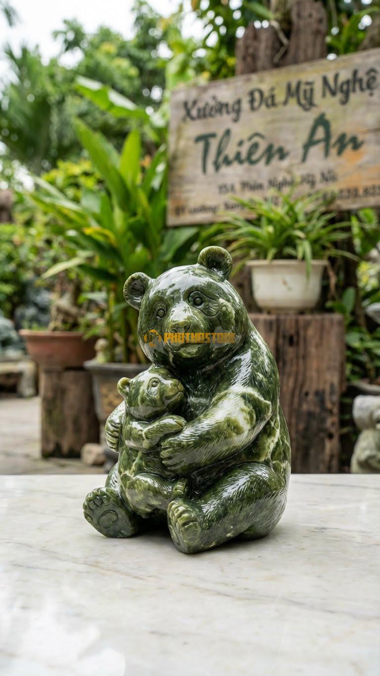 Gia Đình Panda Bằng Đá Serpentine, Kiểu Dáng Mẹ Ôm Con Vào Lòng. Kích Thước Cao 30cm.