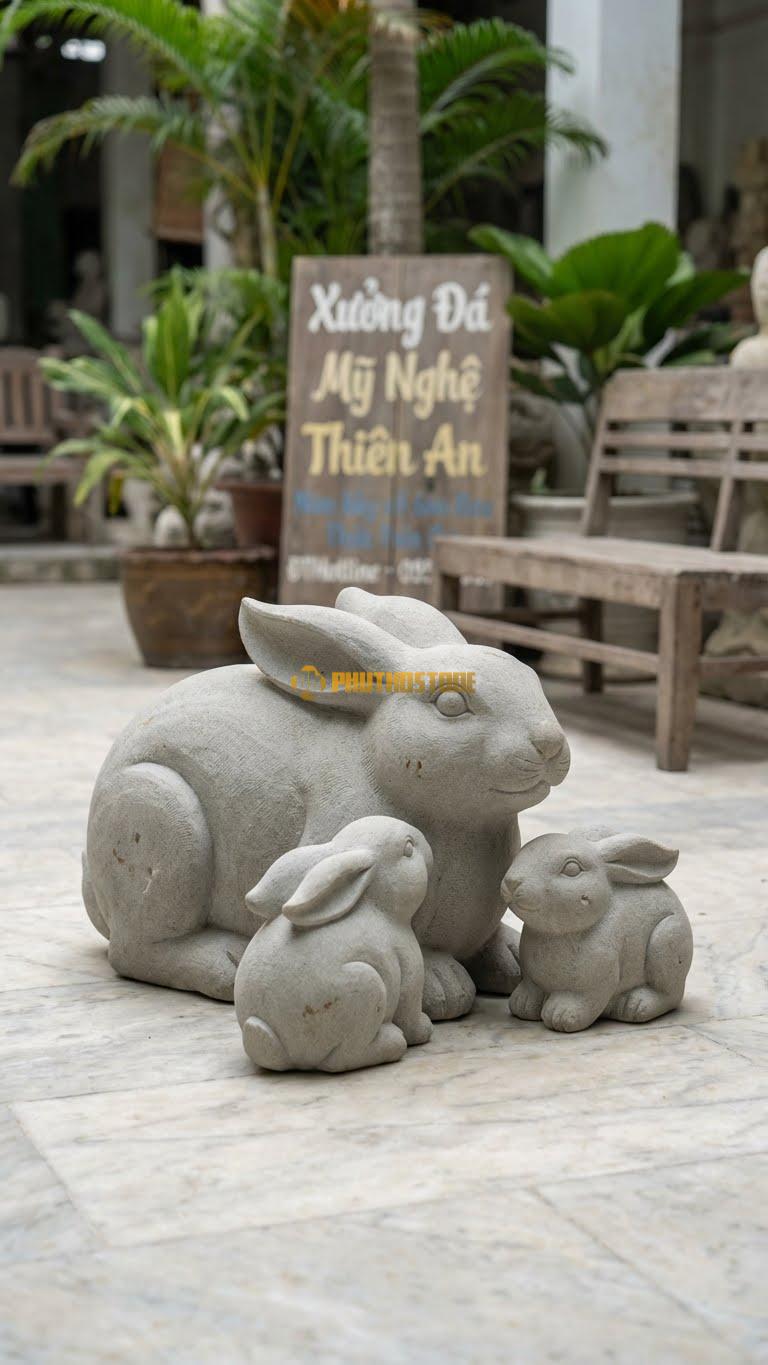 Gia Đình Thỏ Bằng Đá Sa Thạch, Kiểu Dáng Thỏ Mẹ Và 2 Thỏ Con. Kích Thước Dài 45cm (Đặt Bãi Cỏ).