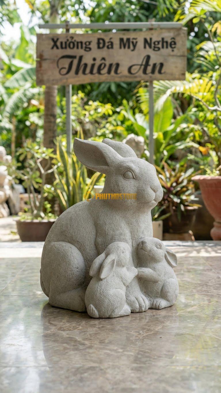 Gia Đình Thỏ Bằng Đá Sa Thạch, Kiểu Dáng Thỏ Mẹ Và 2 Thỏ Con. Kích Thước Dài 45cm (Đặt Bãi Cỏ).