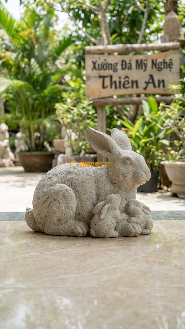 Gia Đình Thỏ Bằng Đá Sa Thạch, Kiểu Dáng Thỏ Mẹ Và 2 Thỏ Con. Kích Thước Dài 45cm (Đặt Bãi Cỏ).