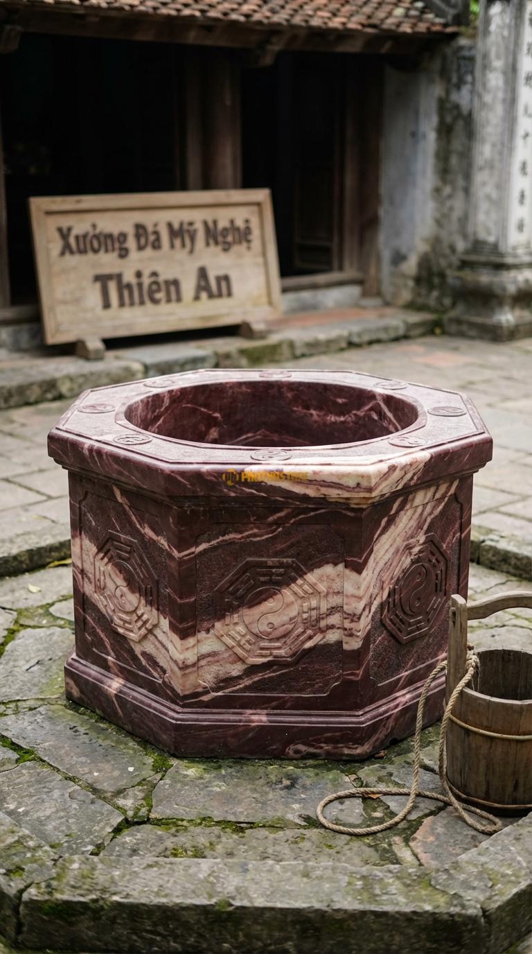 Giếng Bát Giác (8 cạnh) Bát Quái đá tím yên bái Chạm hình quẻ Bát Quái hoặc Âm Dương, Kích thước đường kính 110cm x Cao 85cm