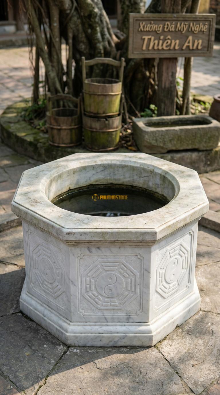 Giếng Bát Giác (8 cạnh) Bát Quái Đá Trắng Yên Bái Chạm hình quẻ Bát Quái hoặc Âm Dương, Kích thước đường kính 110cm x Cao 85cm