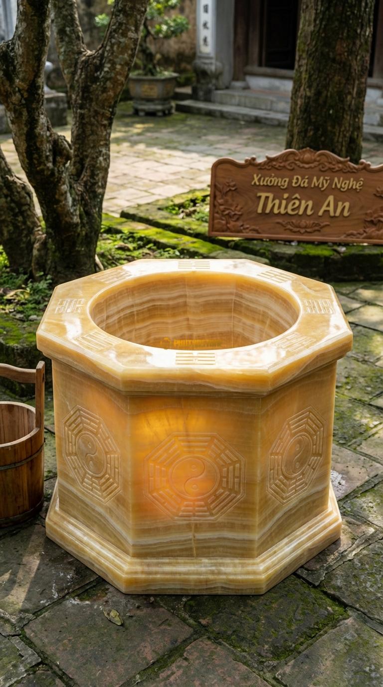 Giếng Bát Giác (8 cạnh) Bát Quái Ngọc hoàng long Chạm hình quẻ Bát Quái hoặc Âm Dương, Kích thước đường kính 110cm x Cao 85cm