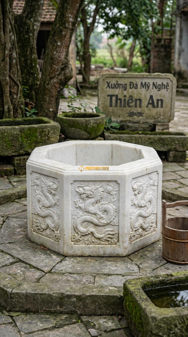 Giếng Bát Giác Chạm Rồng Đá Trắng Muối 8 mặt chạm rồng cuộn (Lưỡng long tranh châu), Kích thước đường kính 130cm x Cao 100cm