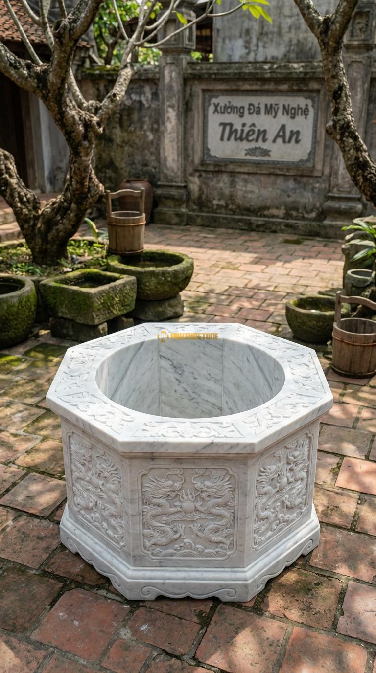 Giếng Bát Giác Chạm Rồng Đá Trắng Yên Bái 8 mặt chạm rồng cuộn (Lưỡng long tranh châu), Kích thước đường kính 130cm x Cao 100cm