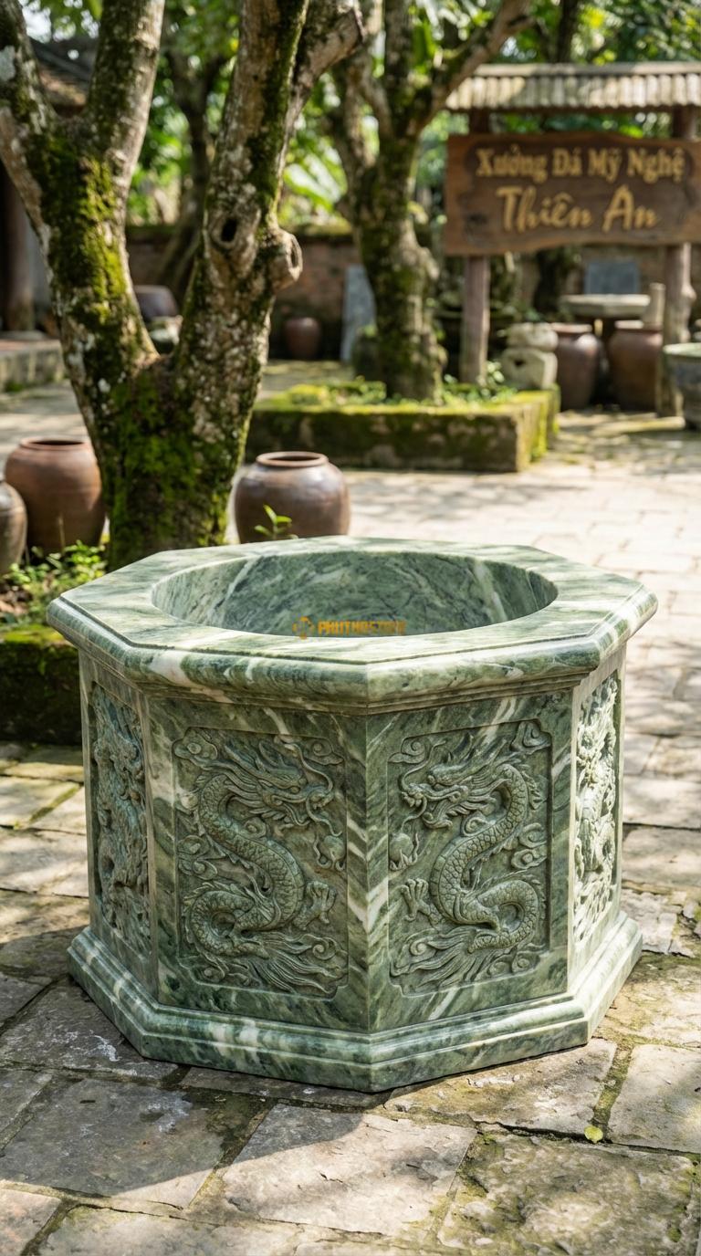 Giếng Bát Giác Chạm Rồng Đá Xanh Ấn 8 mặt chạm rồng cuộn (Lưỡng long tranh châu), Kích thước đường kính 130cm x Cao 100cm