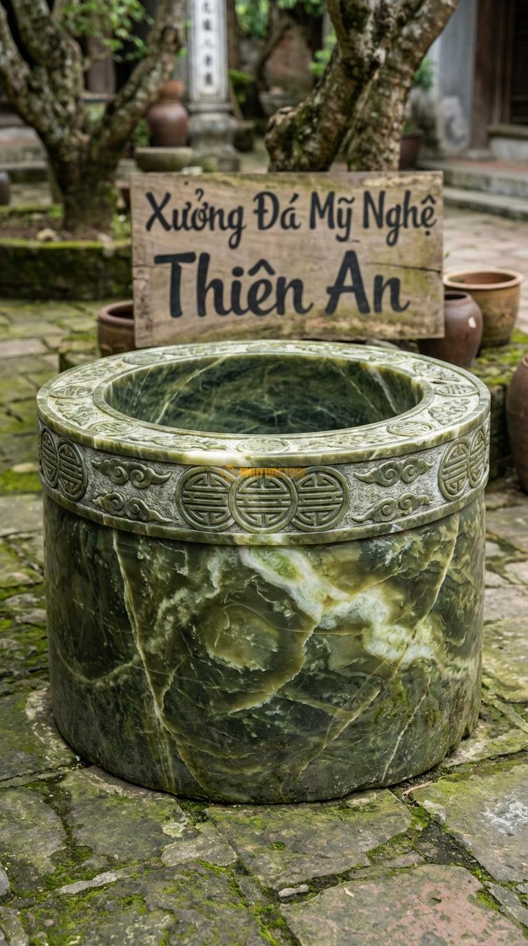 Giếng Chạm Chữ Thọ Đá Serpentine Khắc chữ Thọ tròn (triện tròn) đan xen mây, Kích thước đường kính 90cm x Cao 70cm