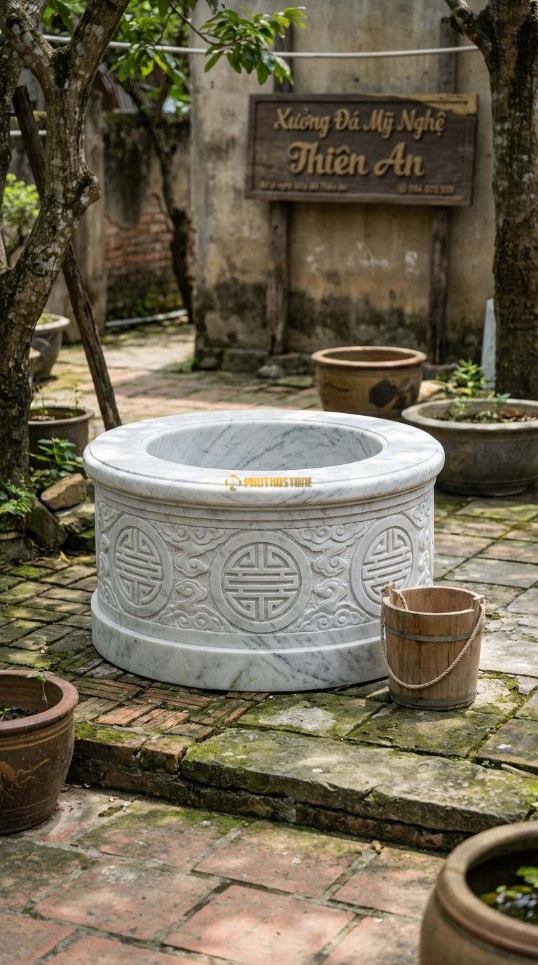 Giếng Chạm Chữ Thọ Đá Trắng Yên Bái Khắc chữ Thọ tròn (triện tròn) đan xen mây, Kích thước đường kính 90cm x Cao 70cm