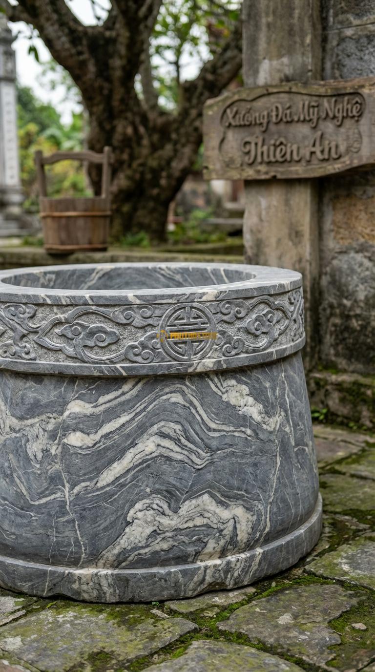 Giếng Chạm Chữ Thọ Đá Vân Mây Khắc chữ Thọ tròn (triện tròn) đan xen mây, Kích thước đường kính 90cm x Cao 70cm