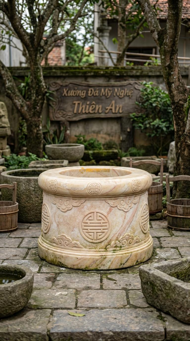 Giếng Chạm Chữ Thọ Đá Vàng Nghệ An Khắc chữ Thọ tròn (triện tròn) đan xen mây, Kích thước đường kính 90cm x Cao 70cm