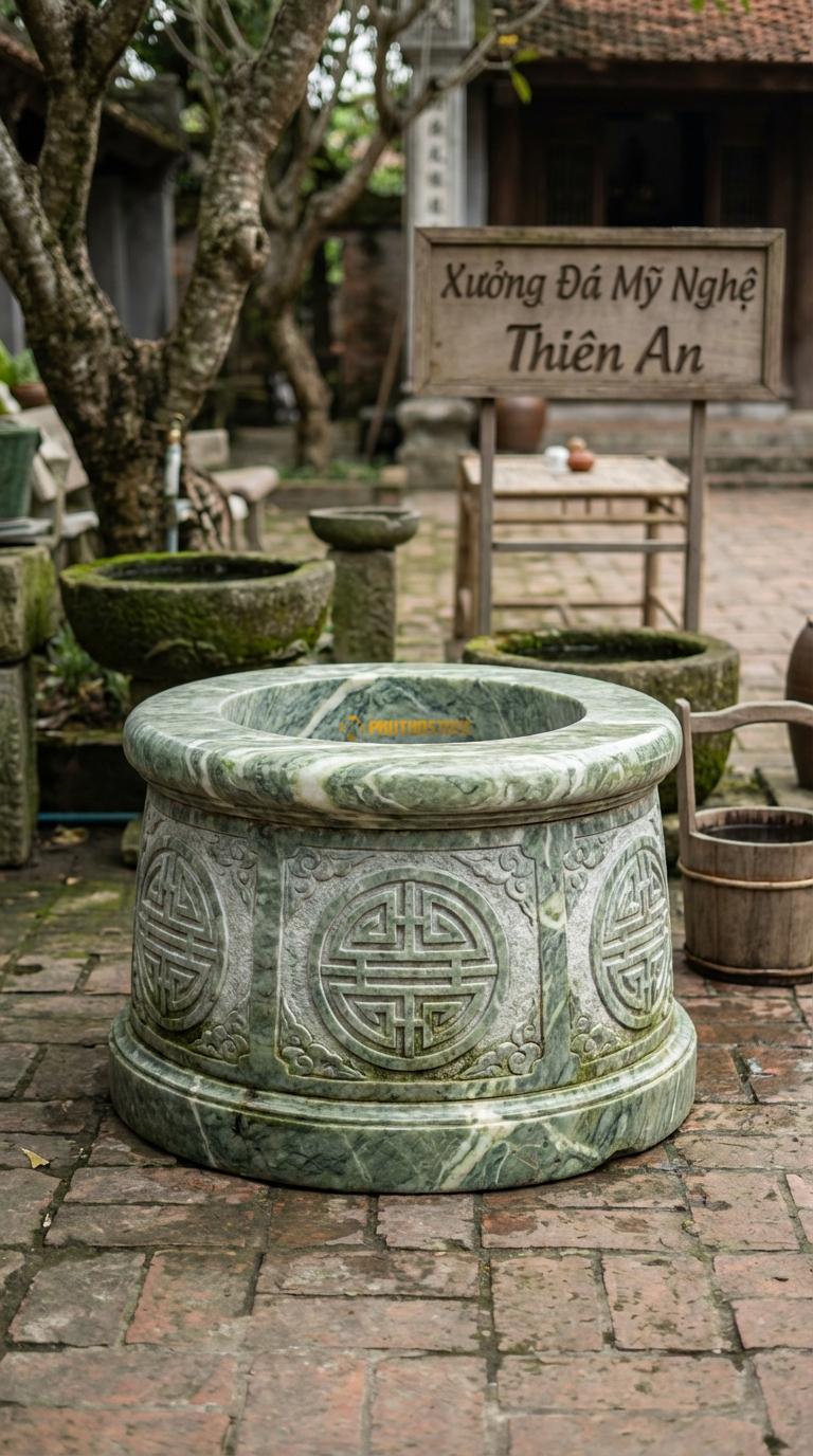 Giếng Chạm Chữ Thọ Đá Xanh Ấn Khắc chữ Thọ tròn (triện tròn) đan xen mây, Kích thước đường kính 90cm x Cao 70cm