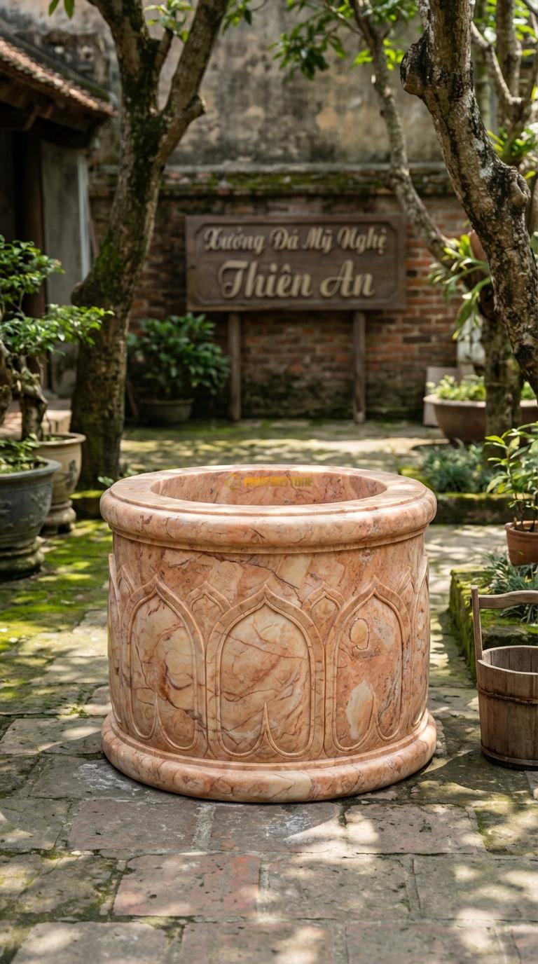 Giếng Chạm Sen Hóa Đá Hồng Cánh sen cách điệu bao quanh thân giếng, Kích thước đường kính 100cm x Cao 80cm