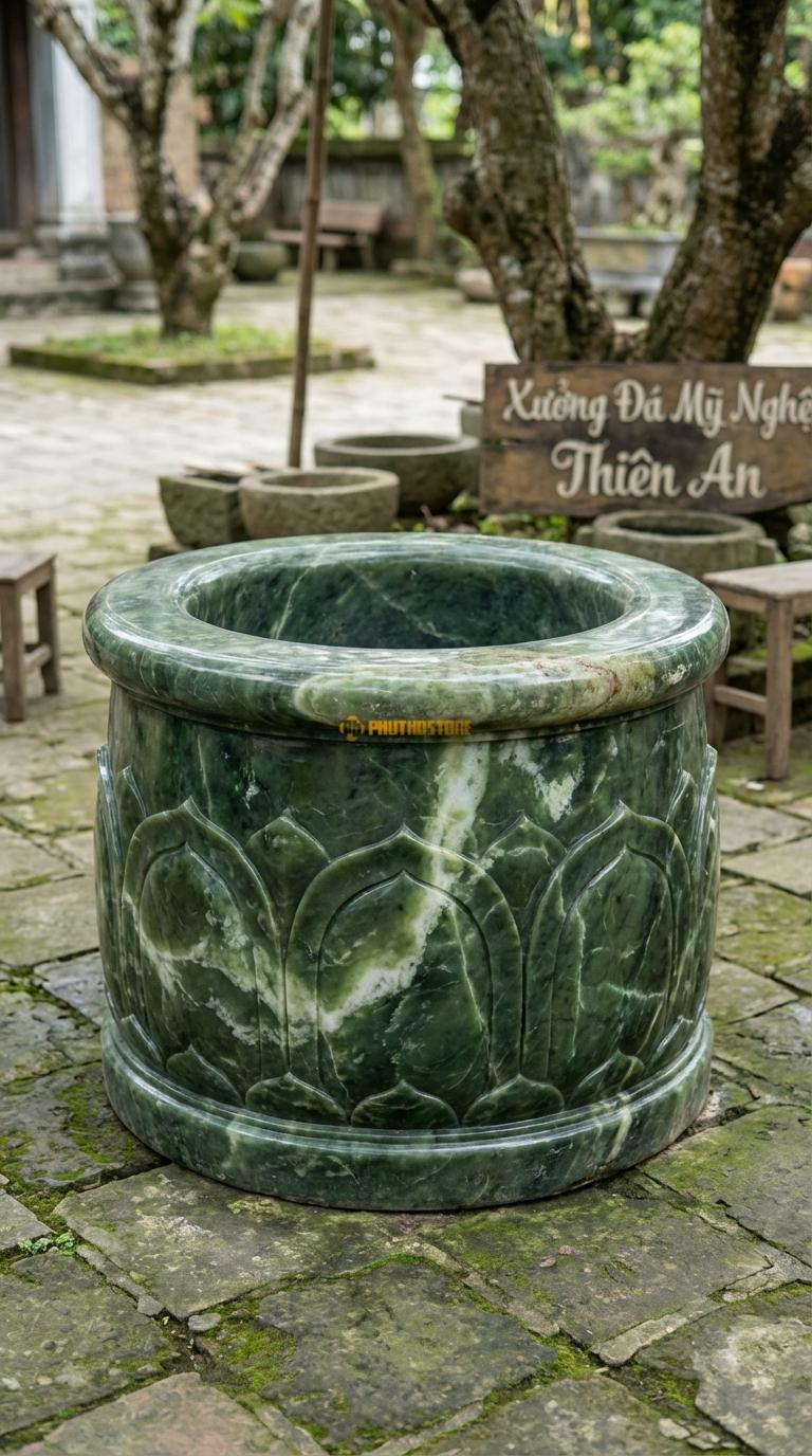 Giếng Chạm Sen Hóa Đá Serpentine Cánh sen cách điệu bao quanh thân giếng, Kích thước đường kính 100cm x Cao 80cm