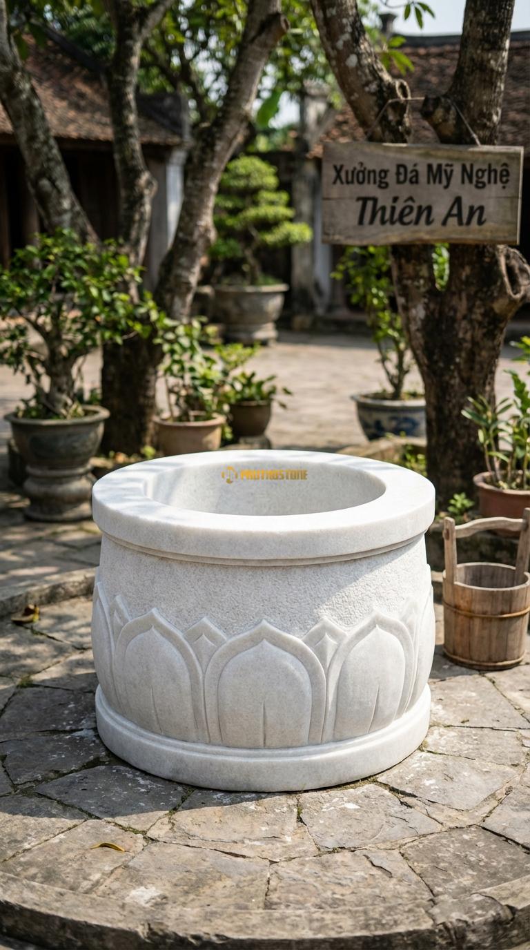 Giếng Chạm Sen Hóa Đá Trắng Muối Cánh sen cách điệu bao quanh thân giếng, Kích thước đường kính 100cm x Cao 80cm