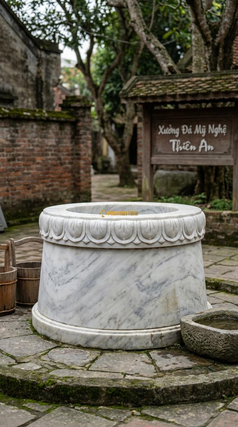 Giếng Chạm Sen Hóa Đá Trắng Yên Bái Cánh sen cách điệu bao quanh thân giếng, Kích thước đường kính 100cm x Cao 80cm