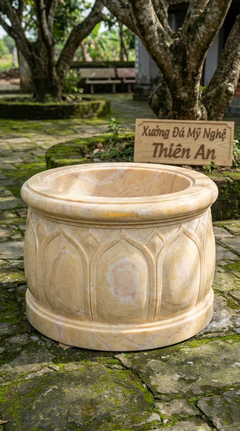 Giếng Chạm Sen Hóa Đá Vàng Nghệ An Cánh sen cách điệu bao quanh thân giếng, Kích thước đường kính 100cm x Cao 80cm