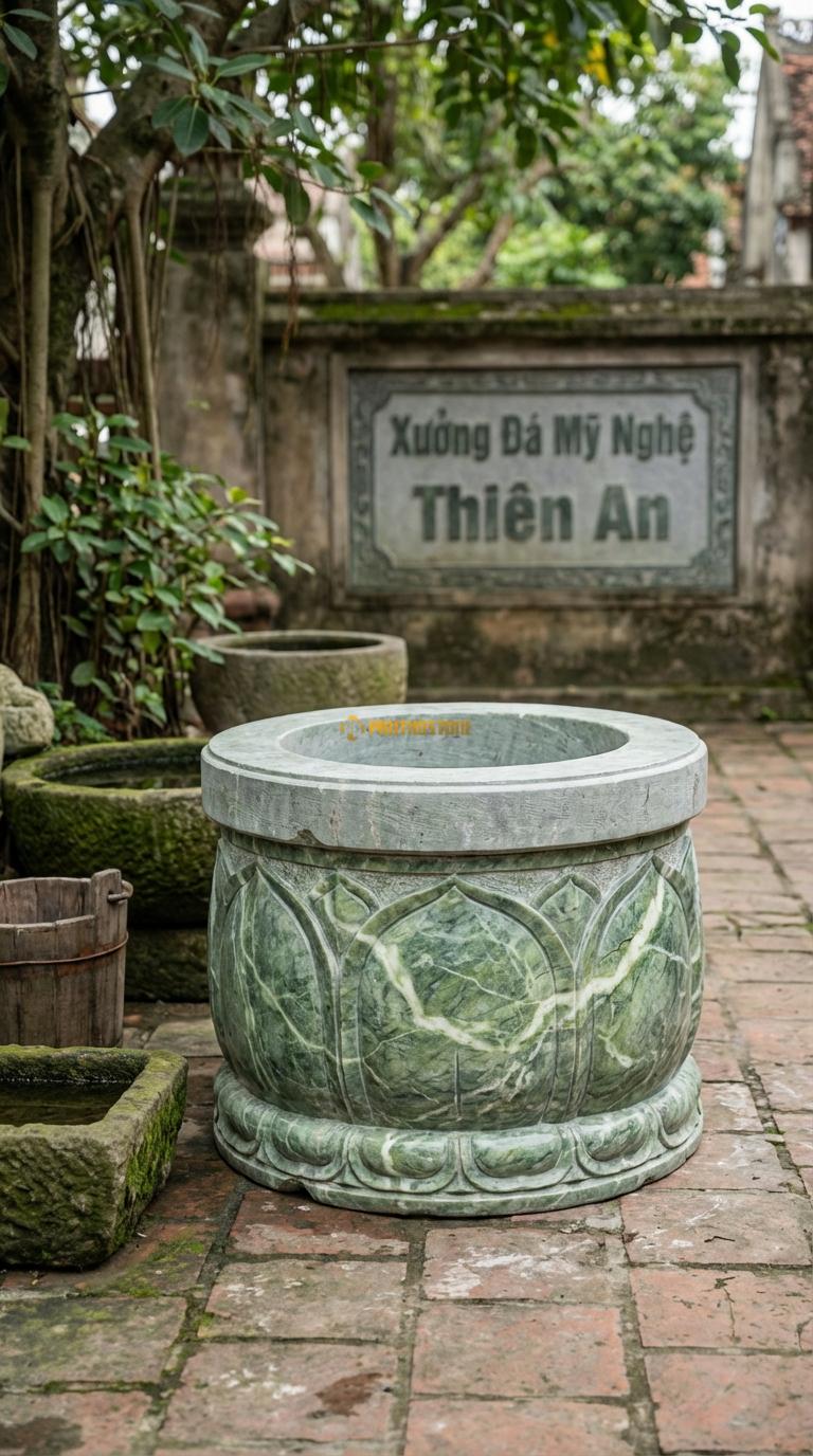 Giếng Chạm Sen Hóa Đá Xanh Ấn Cánh sen cách điệu bao quanh thân giếng, Kích thước đường kính 100cm x Cao 80cm