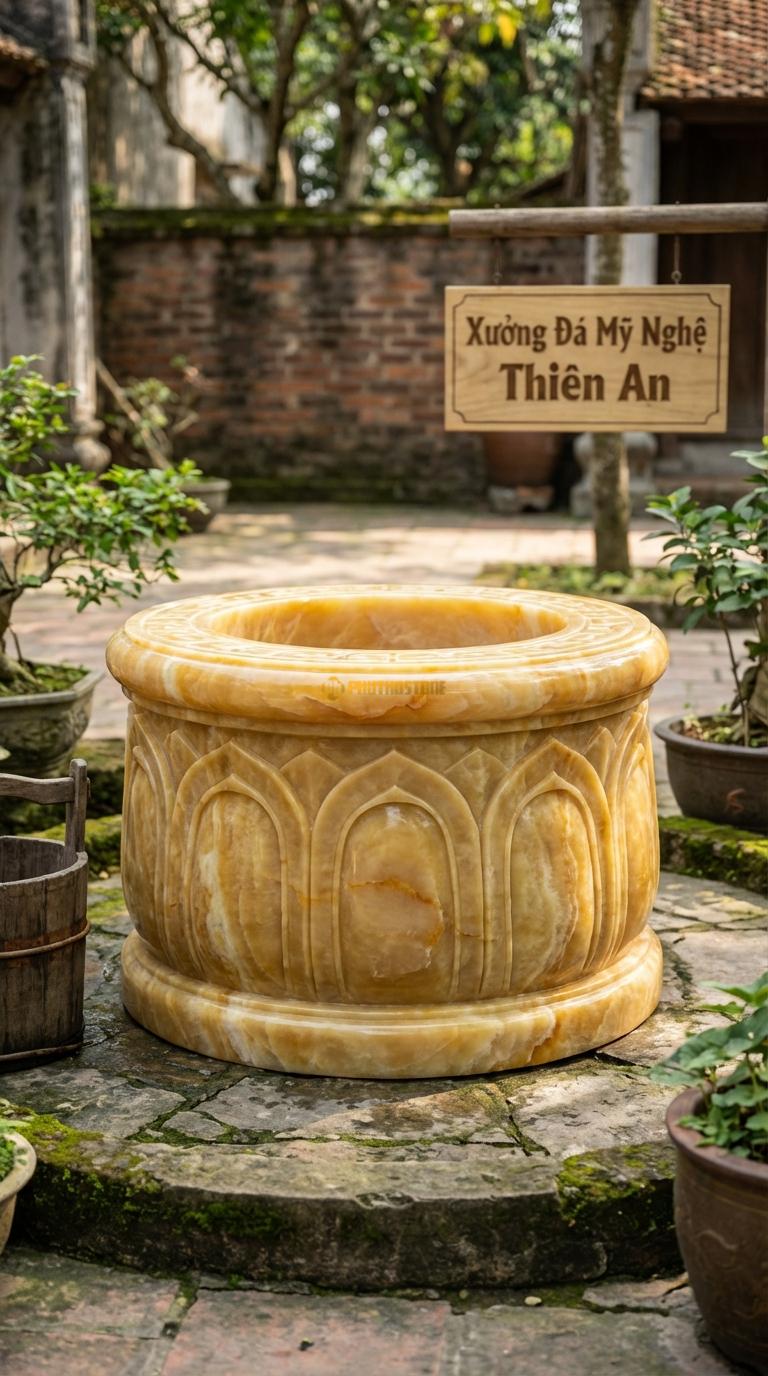 Giếng Chạm Sen Hóa Ngọc hoàng long Cánh sen cách điệu bao quanh thân giếng, Kích thước đường kính 100cm x Cao 80cm