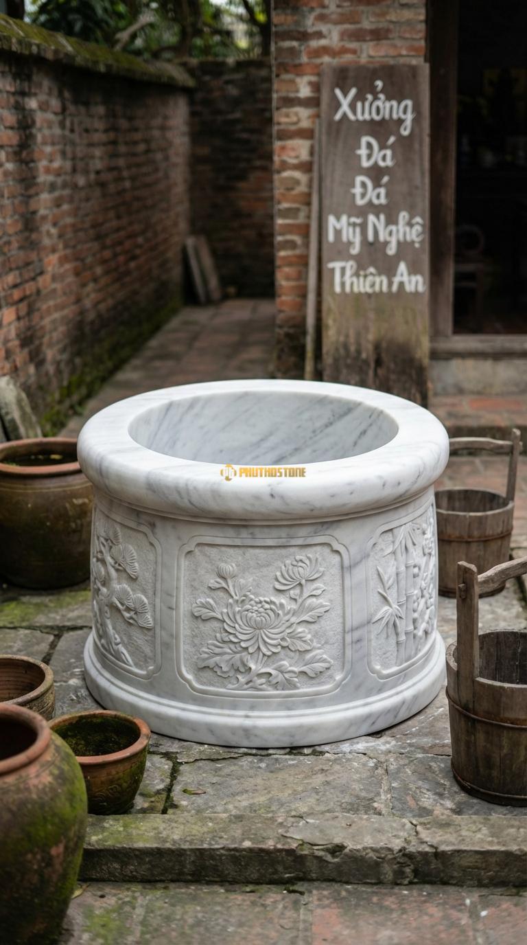 Giếng Chạm Tứ Quý Đá Trắng Yên Bái Chạm 4 cảnh Tùng – Cúc – Trúc – Mai, Kích thước đường kính 110cm x Cao 80cm