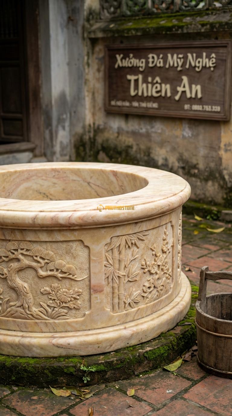 Giếng Chạm Tứ Quý Đá Vàng Nghệ An Chạm 4 cảnh Tùng – Cúc – Trúc – Mai, Kích thước đường kính 110cm x Cao 80cm
