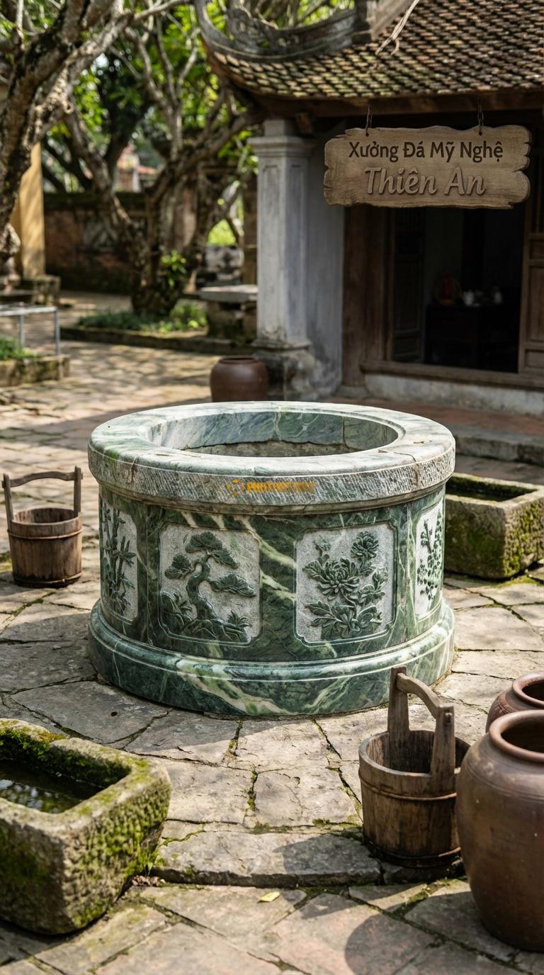 Giếng Chạm Tứ Quý Đá Xanh Ấn Chạm 4 cảnh Tùng – Cúc – Trúc – Mai, Kích thước đường kính 110cm x Cao 80cm