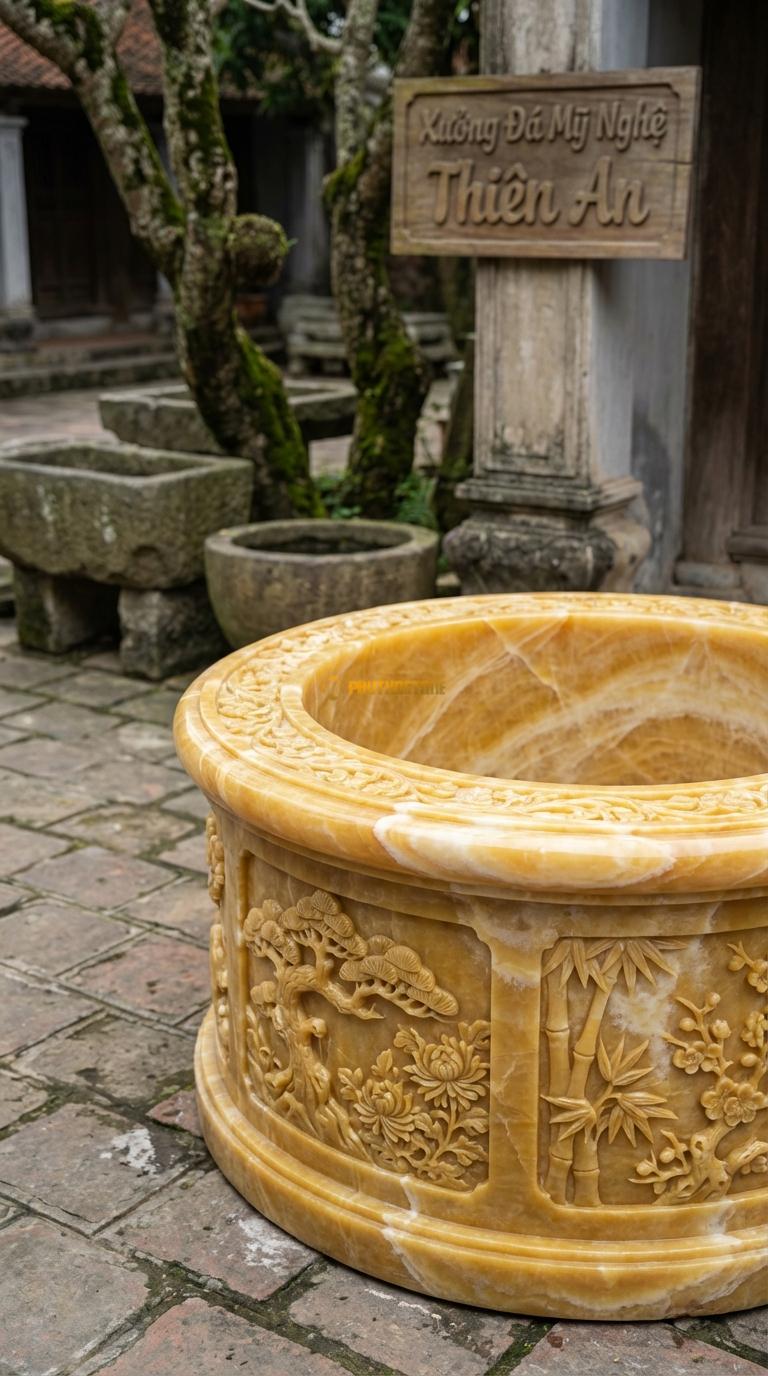 Giếng Chạm Tứ Quý Ngọc hoàng long Chạm 4 cảnh Tùng – Cúc – Trúc – Mai, Kích thước đường kính 110cm x Cao 80cm