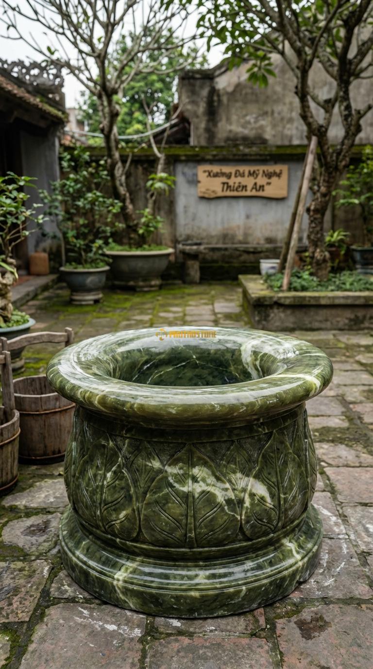 Giếng Cổ Loe Miệng Đá Serpentine Miệng giếng loe rộng ra ngoài, thân chạm lá đề, Kích thước đường kính Miệng 110cm/Thân 80cm x Cao 75cm