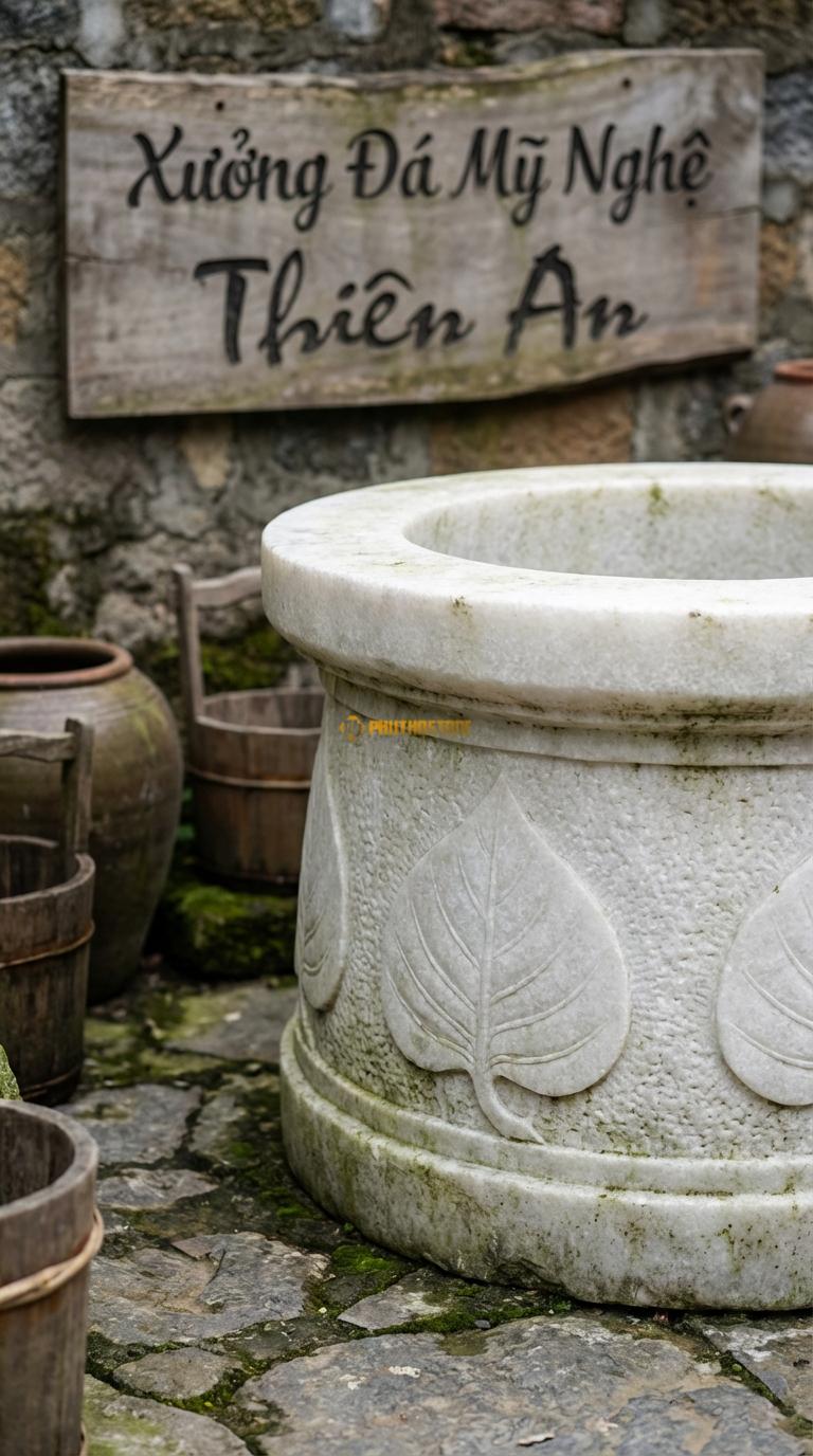 Giếng Cổ Loe Miệng Đá Trắng Muối Miệng giếng loe rộng ra ngoài, thân chạm lá đề, Kích thước đường kính Miệng 110cm/Thân 80cm x Cao 75cm