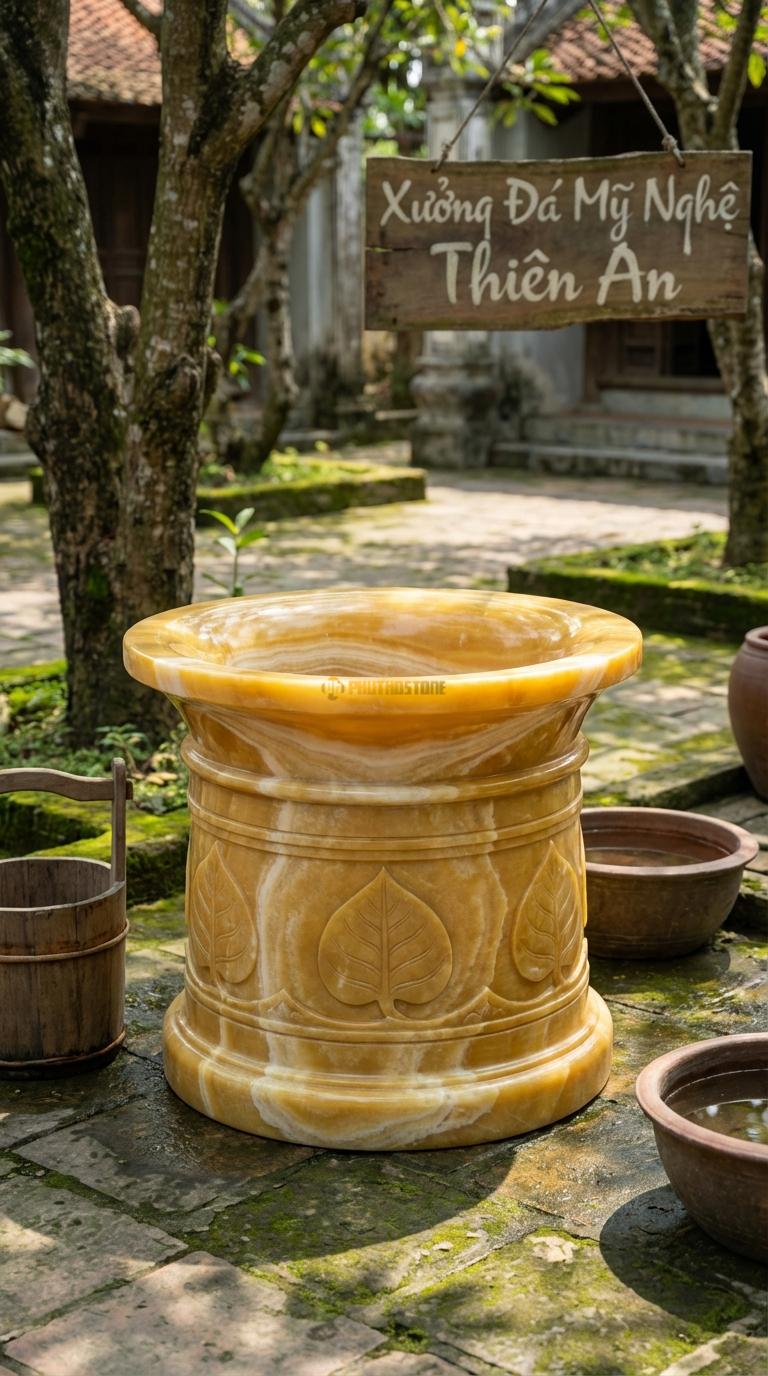 Giếng Cổ Loe Miệng Ngọc hoàng long Miệng giếng loe rộng ra ngoài, thân chạm lá đề, Kích thước đường kính Miệng 110cm/Thân 80cm x Cao 75cm