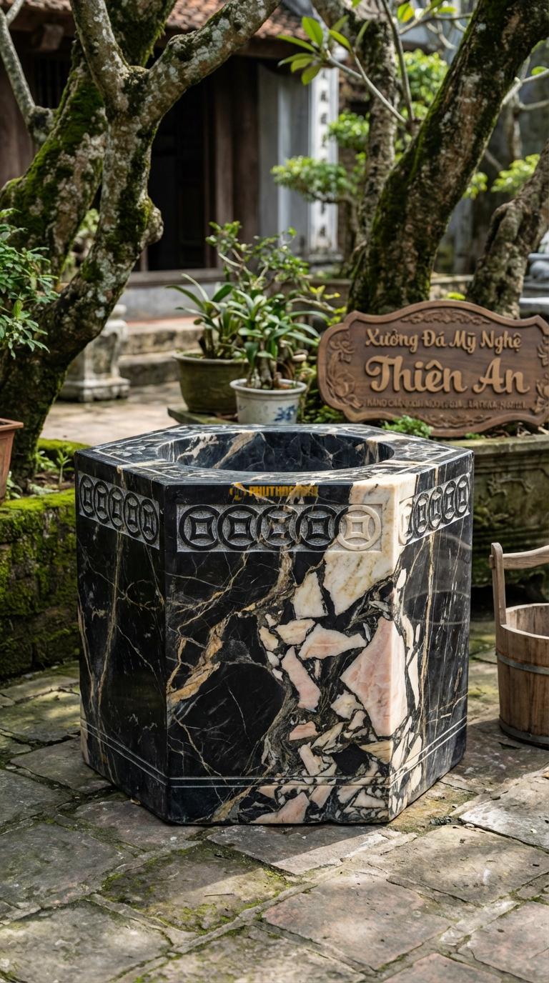 Giếng Đa Giác Chạm Đồng Tiền Đá Da Báo Các mặt chạm hình đồng tiền cổ nối tiếp nhau, Kích thước đường kính 100cm x Cao 70cm