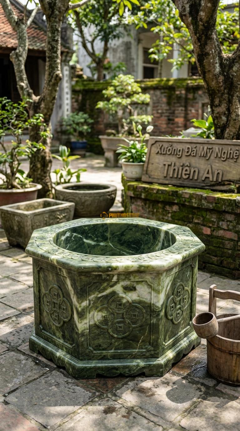 Giếng Đa Giác Chạm Đồng Tiền Đá Serpentine Các mặt chạm hình đồng tiền cổ nối tiếp nhau, Kích thước đường kính 100cm x Cao 70cm