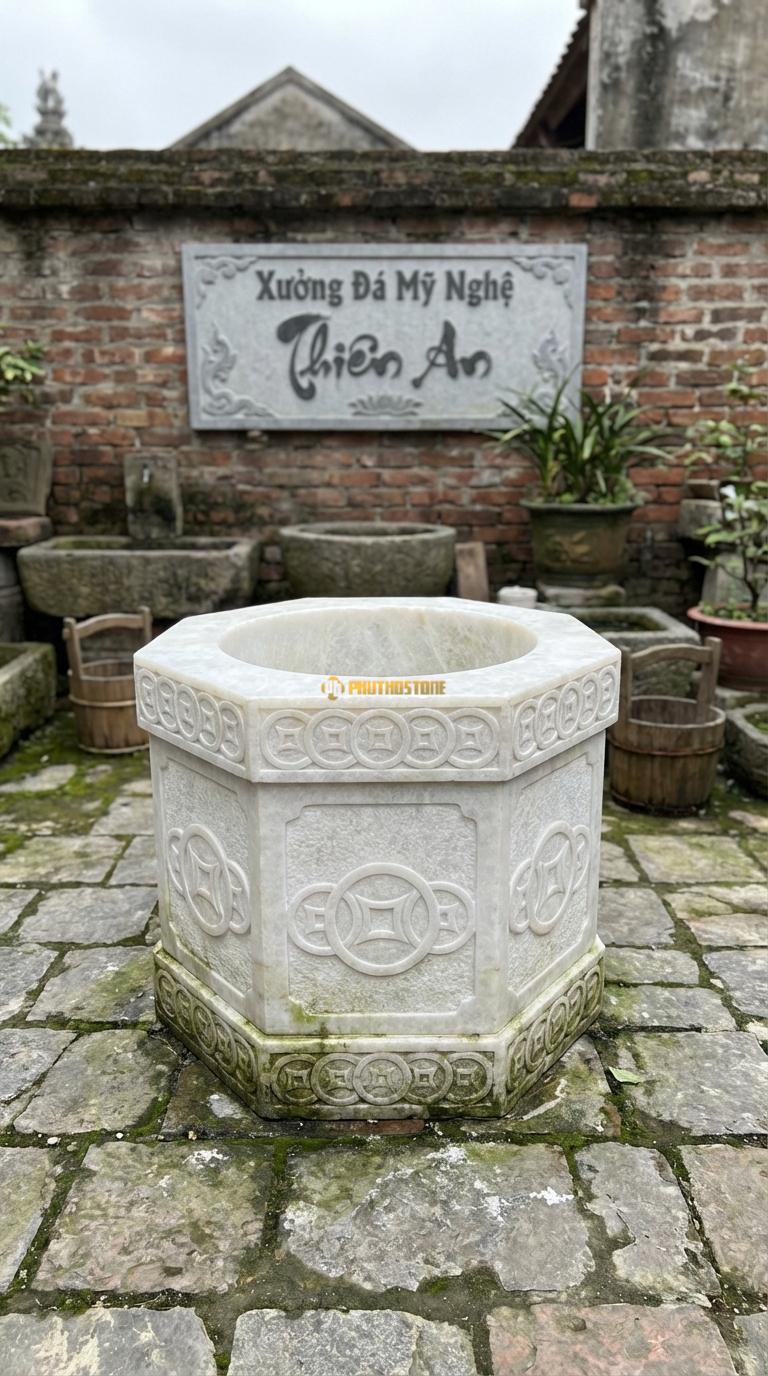 Giếng Đa Giác Chạm Đồng Tiền Đá Trắng Muối Các mặt chạm hình đồng tiền cổ nối tiếp nhau, Kích thước đường kính 100cm x Cao 70cm