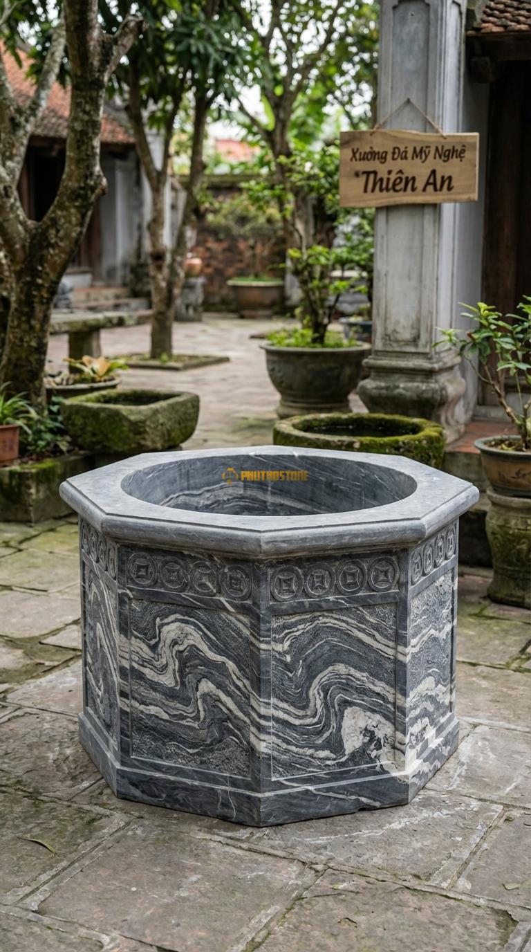 Giếng Đa Giác Chạm Đồng Tiền Đá Vân Mây Các mặt chạm hình đồng tiền cổ nối tiếp nhau, Kích thước đường kính 100cm x Cao 70cm
