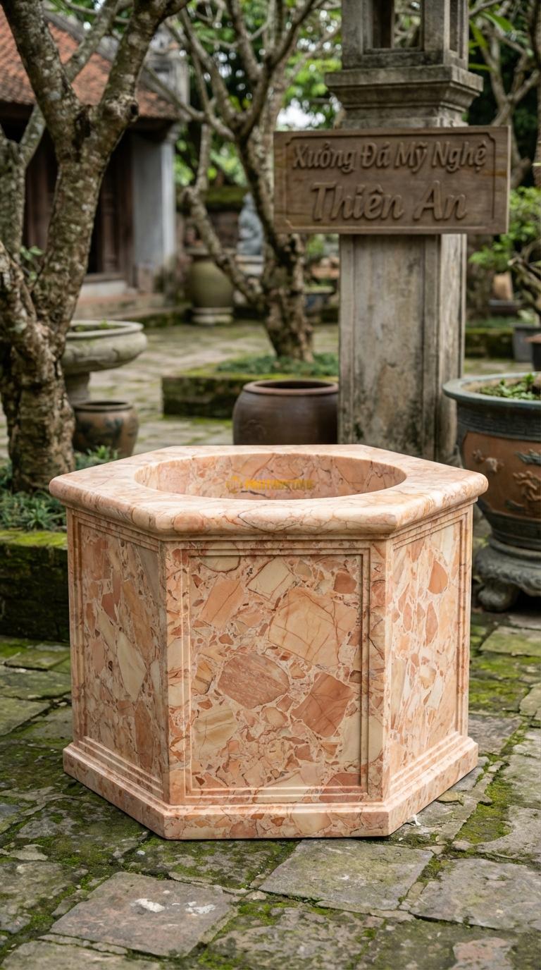 Giếng Lục Lăng (6 cạnh) Trơn Đá Hồng Mài trơn, nhấn vào các đường gờ chỉ nổi ở cạnh, Kích thước đường kính 90cm x Cao 60cm