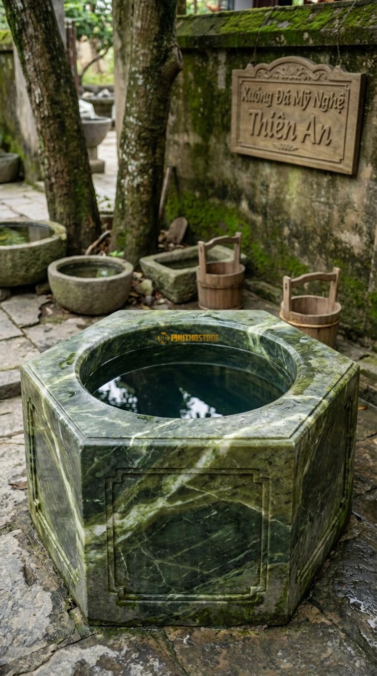 Giếng Lục Lăng (6 cạnh) Trơn Đá Serpentine Mài trơn, nhấn vào các đường gờ chỉ nổi ở cạnh, Kích thước đường kính 90cm x Cao 60cm