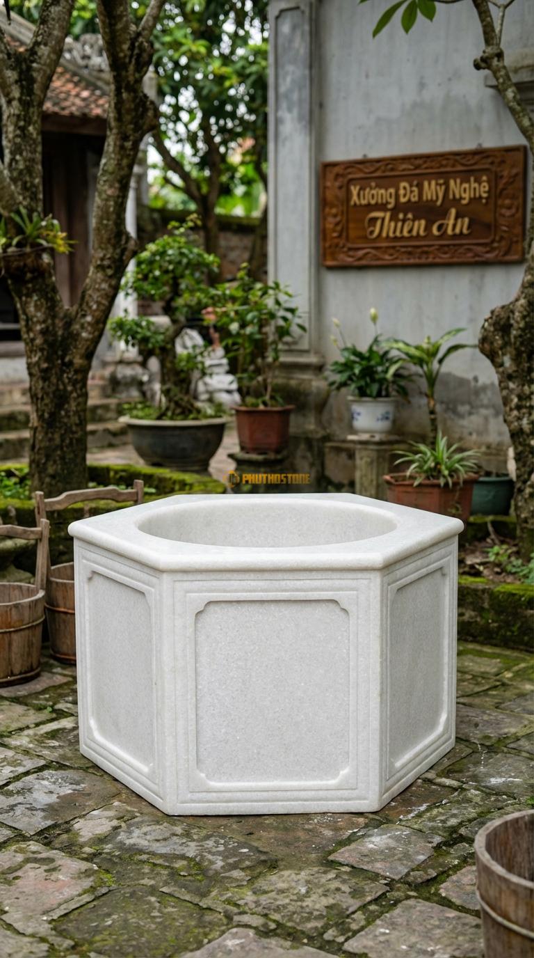 Giếng Lục Lăng (6 cạnh) Trơn Đá Trắng Muối Mài trơn, nhấn vào các đường gờ chỉ nổi ở cạnh, Kích thước đường kính 90cm x Cao 60cm