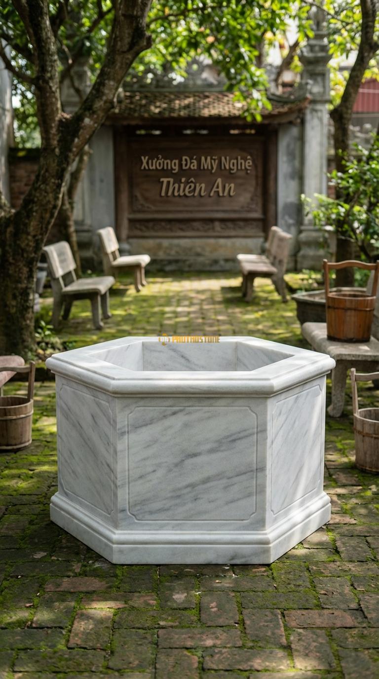 Giếng Lục Lăng (6 cạnh) Trơn Đá Trắng Yên Bái Mài trơn, nhấn vào các đường gờ chỉ nổi ở cạnh, Kích thước đường kính 90cm x Cao 60cm