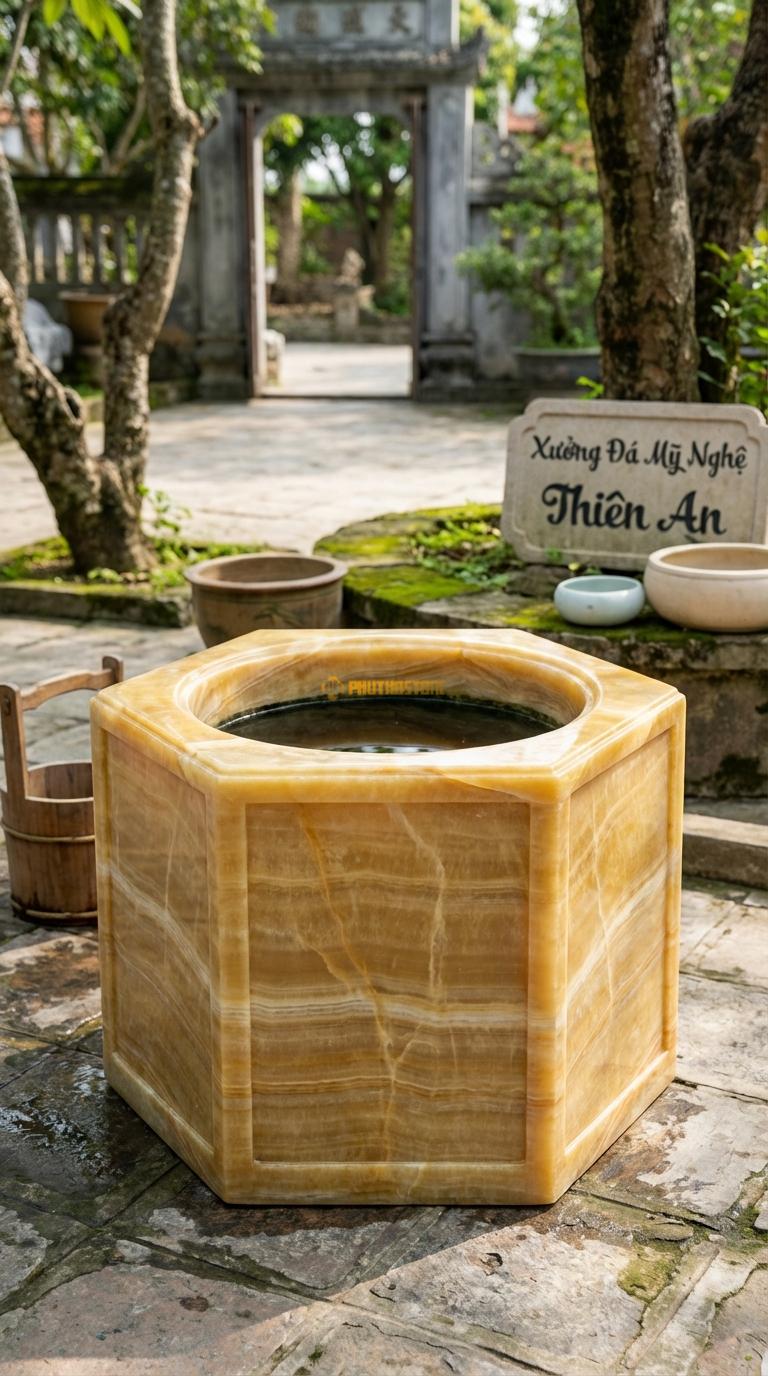 Giếng Lục Lăng (6 cạnh) Trơn Ngọc hoàng long Mài trơn, nhấn vào các đường gờ chỉ nổi ở cạnh, Kích thước đường kính 90cm x Cao 60cm