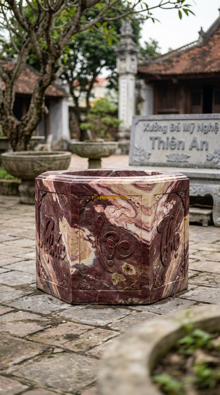 Giếng Lục Lăng Chữ Hán đá tím yên bái Mỗi mặt khắc một chữ Hán (Phúc, Lộc, Thọ…), Kích thước đường kính 100cm x Cao 80cm