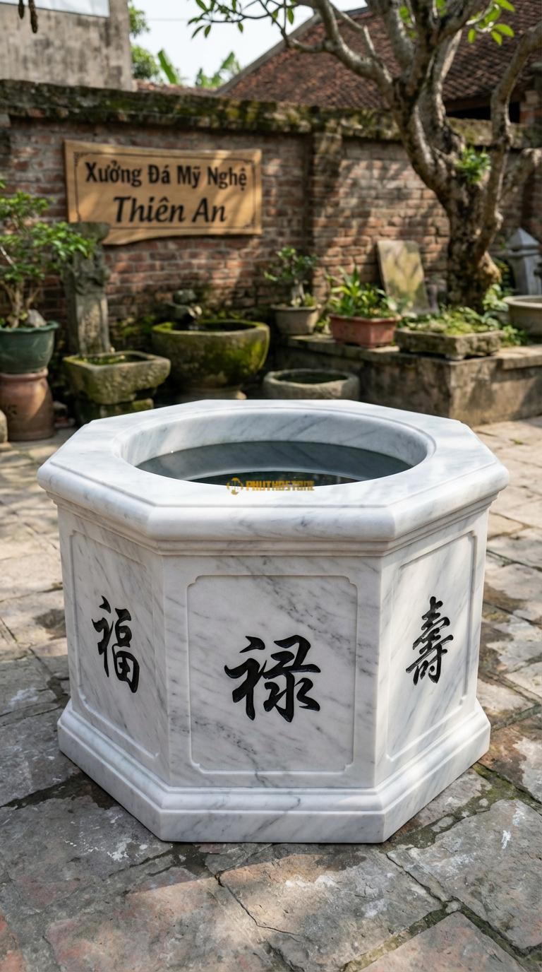 Giếng Lục Lăng Chữ Hán Đá Trắng Yên Bái Mỗi mặt khắc một chữ Hán (Phúc, Lộc, Thọ…), Kích thước đường kính 100cm x Cao 80cm
